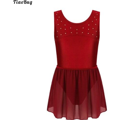 TiaoBug Kids Girls Ballet Dance Suit Sleeveless Shiny Crystals Ballet Leotard Bodysuit With Mesh Skirt Skating Costume Clothes