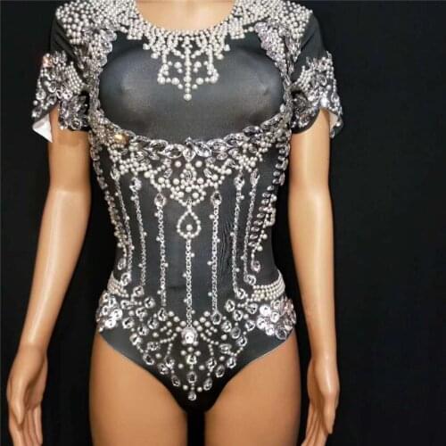 E99 Black Rhinestone pearl short piece bodysuit dj wears pole dance costumes stage show jumpsuit singer performance clothe club