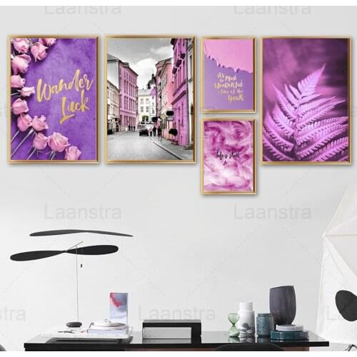 Purple Decorative Painting Pink Rose Golden Text Living Room Canvas Painting Fern Leaf Lightness Feather Wall Art Poster Street