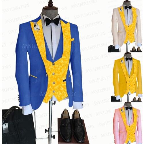 Royal Blue Men Wedding Suit 3 Pieces Custom Singer Groom Prom Slim fit Suit Jacket Yellow Printed Vest Pants Dress Tuxedo Set