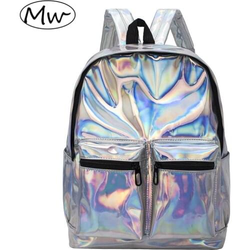 Moon Wood 2019 Fashion Solid Double Pocket Hologram Laser Backpack Women Men Travel Backpack School Bags For Girls Boys Book Bag