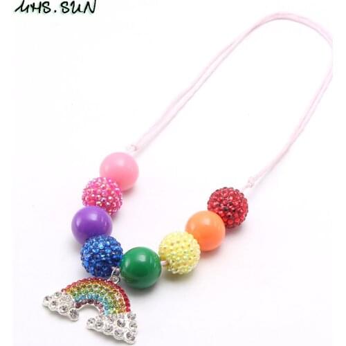 MHS.SUN 1pc fashion baby kids rainbow charms necklace with rhinestone pendant colorful chunky bubblegum necklace adjustable rope