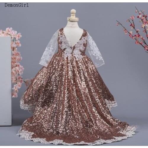 Cute Gold Sequined Flower Girl Dress Little Princess Birthday Party Gown Princess Birthday Clothes