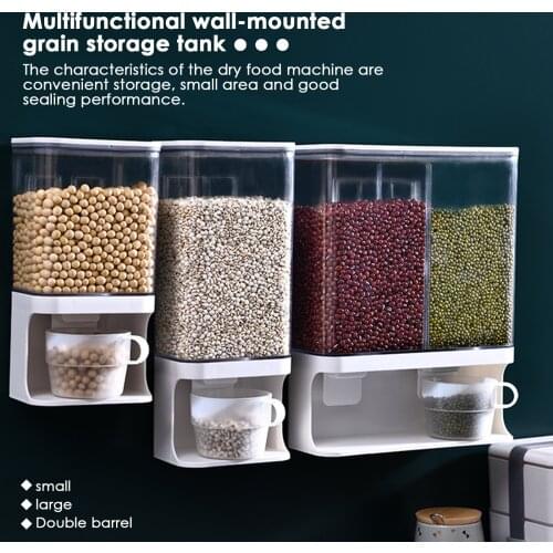 Wall Mounted Divided Rice Cereal Dispenser Kitchen Dry Food Container Storage Organizer Storage Rack Kitchen Food Storage Tool