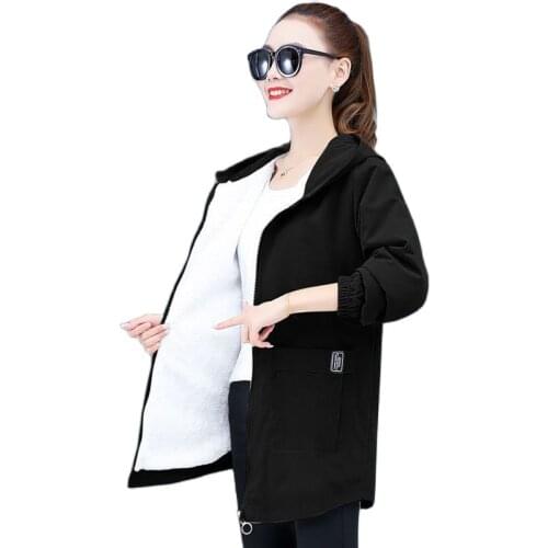 Autumn Winter Plus Velvet Thicken Cotton Womens Windbreakers Mid-length Loose Hooded ZpperTop Womens Jacket Overcoat Parka