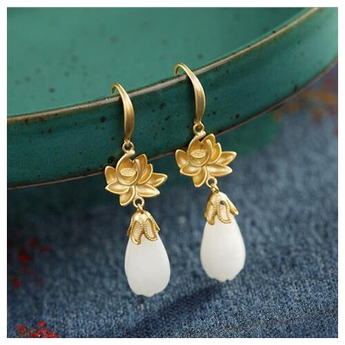 Natural Hetian white jade plum blossom Magnolia Earrings Chinese style retro court style elegant romantic winter silver jewelry