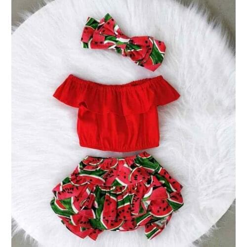 1-6Y Baby Girl Ruffle Top + Watermelon Shorts + Headband Pants Summer Newborn Clothes Kids Sunsuit Kid Outfit Girls Clothes Set