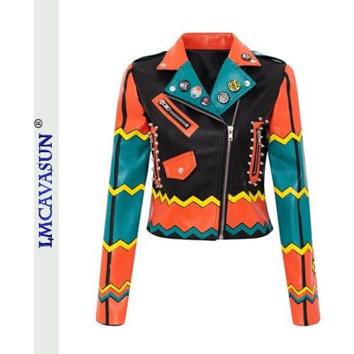 LEIMEICHEN S—3XL PU Leather Jacket Women Letter Printing Graffiti Rivets Leather Coat Punk Biker Motorcycle Cavalier Top