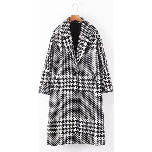 Vintage Elegant Houndstooth Long Woolen Jacket Women Fashion Single Button Side Pockets Turn-down Collar Blends Coats Outerwear