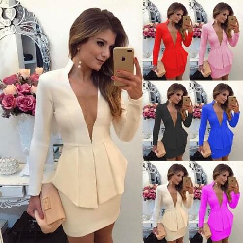Womens Fashion Sexy Resort Style Short Skirt Long Sleeve Deep V Dress Pure Color Mini Skirt