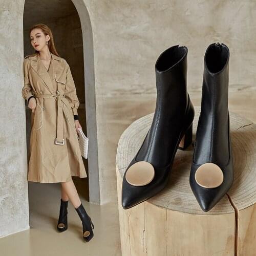 2020 autumn new elastic thin boots fashion short boots female pointed thick heel leather round buckle single boots X394