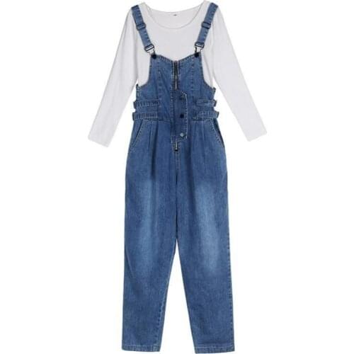 Women jumpsuit 2 piece set 2021 spring summer long sleeve bottoming t shirt + denim jumpsuit overall for women suit set