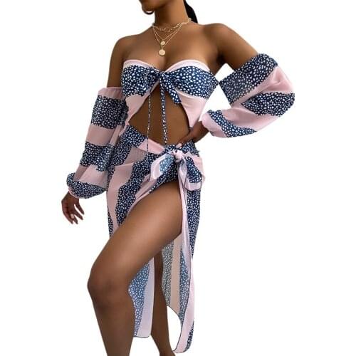 Women Sexy Tie-dye Beach Bikinis Set Summer Female Long Sleeve Dot Striped Print Onesuit and Skirt 2 Piece Sets Swimming Suit