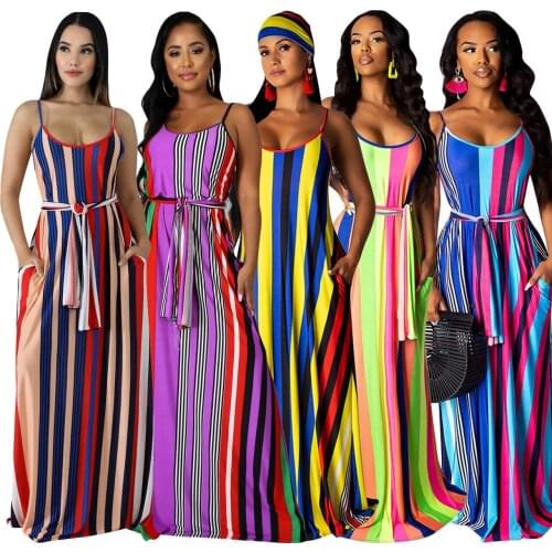 Somoshein S-2XL Summer Women Dress Fashion Casual Stripe Bohemia Halter Sleevelsess Long Dresses Wholesale Dropshopping