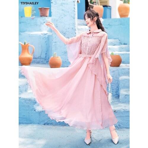 TIYIHAILEY Free Shipping 2021 Fashion Women Chiffon Long Maxi Flare Sleeve Summer Boshow Bohemian Dress S-L Peter Pan Collar