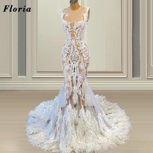 Plus Size Feathers Mermaid Wedding Dresses 2021 Sleeveless Women Lace Bridal Gowns Arabic Dubai Bride Dress Vestido De Noiva