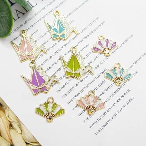 10Pcs Cute Make A Wish Crane Enamel Pendants Charms Gold Metal Fan Charms For DIY Jewelry Accessories Earring Floating Handmade