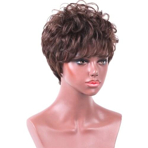 24cm Short Curly Natural Looking Human Hair Wigs with Neat Bangs Brown Wavy Full Head Wigs for Women with Net