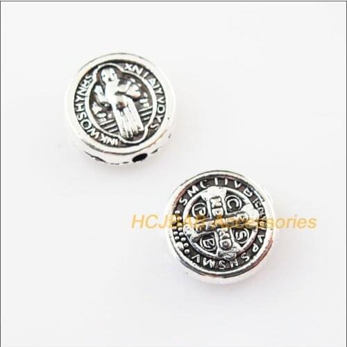 25Pcs Tibetan Silver Color Round Jesus Spacer Beads Charms 9.5mm