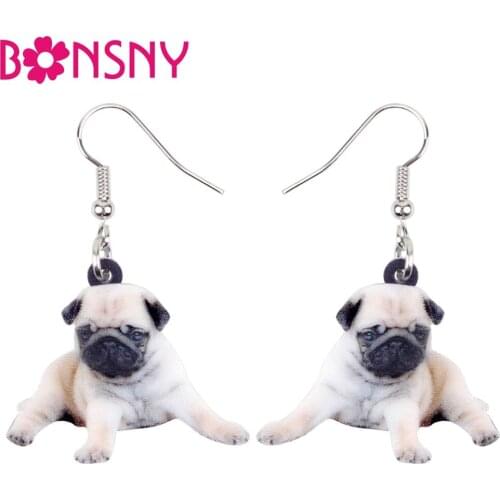 Bonsny Statement Acrylic Sweet French Bulldog Pug Dog Earrings Dangle Drop Big New Novelty Animal Jewelry For Women Girls Gift