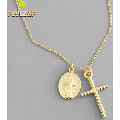 925 Sterling Silver Virgin Mary Cross Double Pendant Necklace For Women Wishing Lucky Lady Girl Gift Fine Jewelry Flyleaf