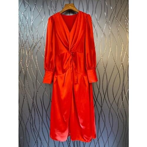 Elegant Party Womens Dress 2021 Autumn Fashion Ladies V-Neck Pleated Patchwork Mid-Calf Length Black Red Dress Vestidos Robe