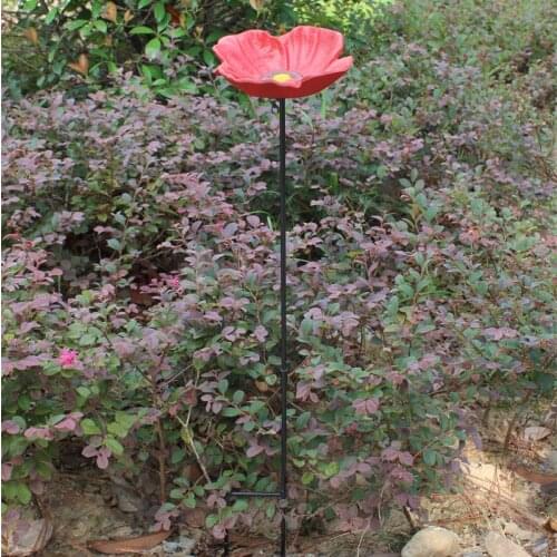 European Vintage Hand Paint Red Sakura Oriental Cherry Flower Design Cast Iron Bird Feeder Plate with Long Plug Metal Bird Bath