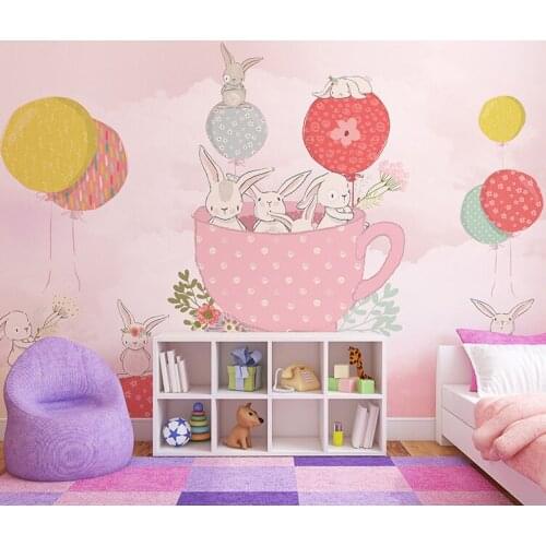 Pink Hot Air Balloon Cartoon Wallpaper Mural 3d Wall Photo Mural for Kids Room Sofa Kindergarten Background 3d Rabbit wall paper