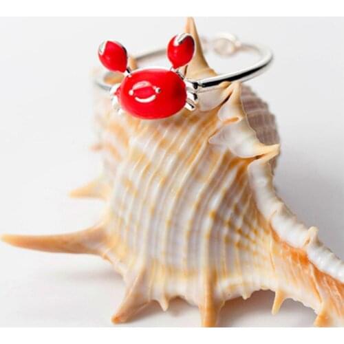 Sole Memory Fashion Cute Dripping Glaze Red Crab Sweet Cancer Gift 925 Sterling Silver Female Resizable Opening Rings SRI330