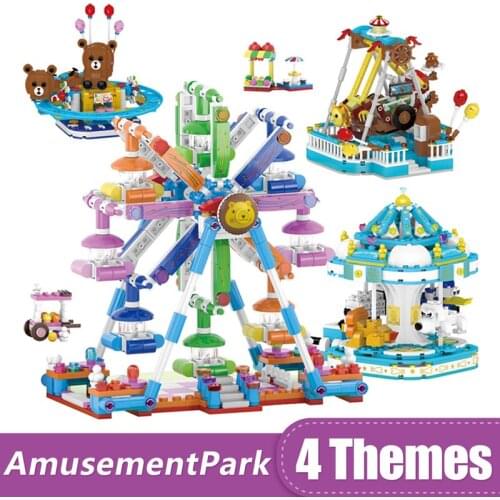 Small Building Blocks Friends Children Park Ferris Wheel Roller Coaster Pirate Ship Merry-go-round Model Toys Gift for Girls Boy