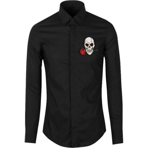 New 2021 Men luxurious Embroidery Skull Head Rose Fashion Silk Casual Shirts Shirt high Pocket Long-sleeves S 2XL #D275