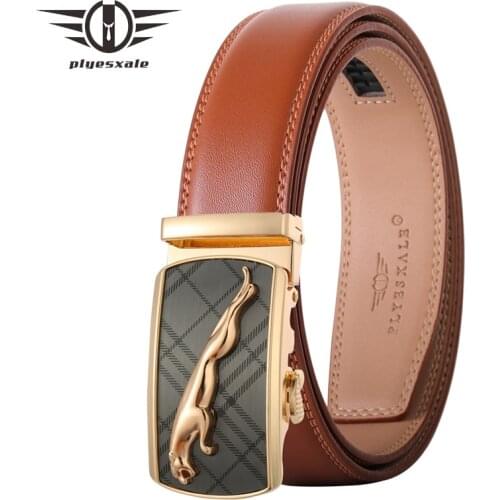 Gold Leopard Automatic Buckle Belts for Men Cow Genuine Leather Adjustable Ratchet Belt Mens 3.5cm Width Brown Waist Strap B515