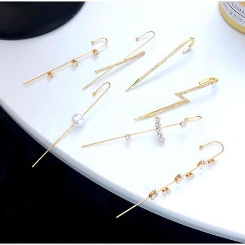 Vintage Crystal Ear Climber Earrings For Women Lightning Zirconia Stud Earrings Pearl Ear Hook Cuff Earring Wedding Jewelry