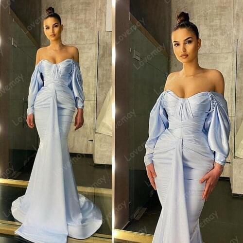 Light Blue Arabic Evening Dresses Sexy Mermaid Off Shoulder Long Sleeve Celebrity Robes De Soirée Formal Party Prom Gowns