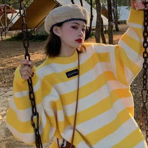 Knitted Sweater Women Pink Striped Sweater Oversized Pullovers Winter Loose Long Sweaters Korean Fashion Streetwear Sueter Mujer