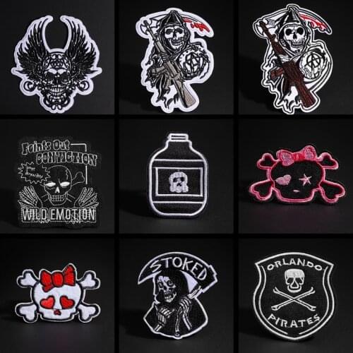 Skull Embroidered Patches for Clothing DIY Stripes Applique Clothes Stickers Iron on Black Punk Cross Badges Biker Parches