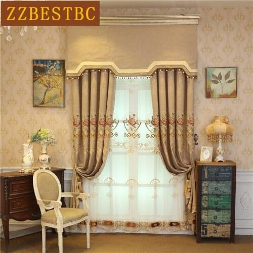 High quality luxury brown villa living room curtain with custom embroidered Voile Curtain for bedroom hotel kitchen Drapes