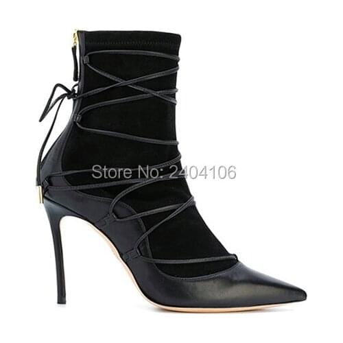 Botas Mujer Patchwork Sexy Ankle/ Over-the-knee Boots Autumn Shoes Woman Pointed Toe High Heels Back Zip Cross Tied Black Boots