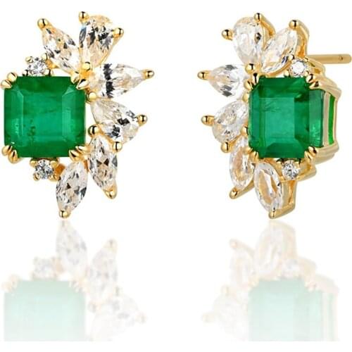 Original Design 925 Sterling Silver Synthesis Emerald Stud Earrings for Women Fine Jewelry Plated 18K Gold Flower Earrings Gift