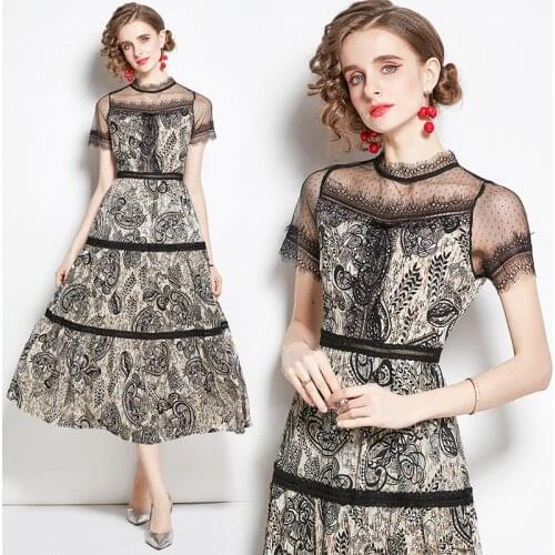2021 New Women Dresses Mesh Lace Office Lady A-LINE Women Summer Dresses Mid-Calf O-Neck Patchwork Black Elegant Women Dresses
