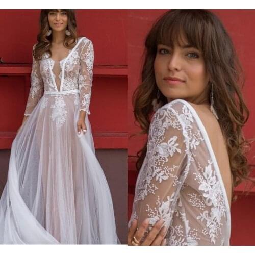 Bohemian Wedding Dress 2020 A-Line Long Sleeve Backless Lace Appliques White robe de mariage Sexy V-Neck Bridal Gowns Boho