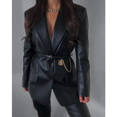 Black imitation leather leisure splicing temperament commute slim Europe and America long sleeve suit collar coat winter coat
