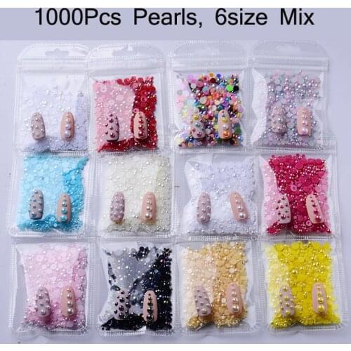 1000Pcs Nail Art Beads 2/2/4/5/6MM Mixed Size DIY AB Flat Pearl Bead Jewelry Girls for Fingernails & Toenails Decorations Tip