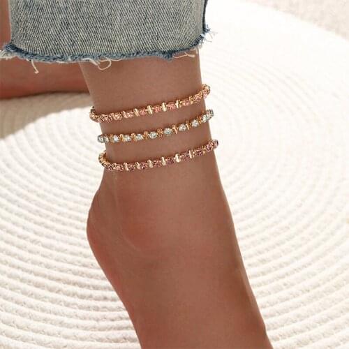 3 Pcs/Set Classic Women Anklets Set Pink Purple Blue Color Crystal Chain Gold Anklet Charm Valentines Day Gift Jewelry