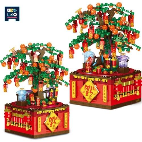 566Pcs Orange Tree Rotating Blessing Music Box Building Blocks Chinese New Year DIY Model Brick Set Toys for Children Gift