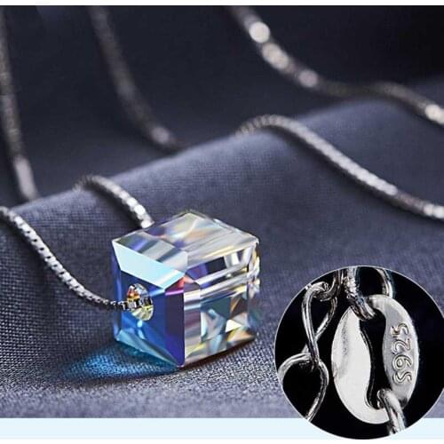 925 Sterling Silver Original Crystals From Austrian Square Cube Necklaces & Pendants For Women Fashion Jewelry Bijoux Femme