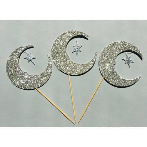 GLITTER Moon and Star eid baby shower cupcake toppers wedding birthday party decoration doughnut food treat fruit toothpicks