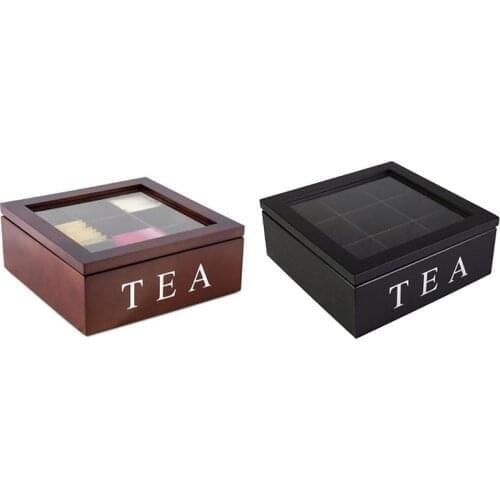 Wooden 9 Grids Tea Box Tea Bags Container Storage Box Square Gift Box Case Transparent Top Lid Jewelry Storage Box