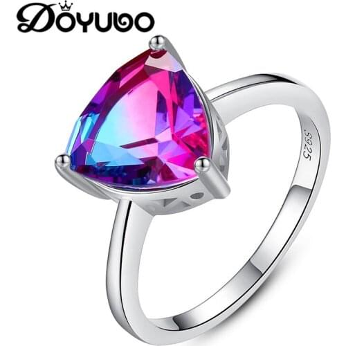 DOYUBO Brand 925 Sterling Silver Anniversary Rings For Lady Triangle Rainbow Semi Precious Stone Wedding Ring Fine Jewelry VB309