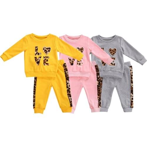 FOCUSNORM 0-5Y Autumn Winter Girls Fashion Clothes Sets Leopard Love Print Pearl Long Sleeve Sweatshirt Tops Pants